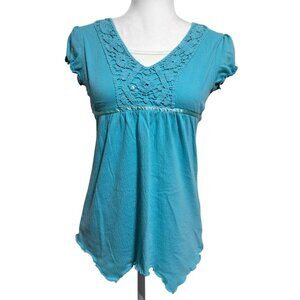 Turquoise Lace-Trim Babydoll Top Gauzy Sleeves Size M V-Neck Tie Back Y2K Style